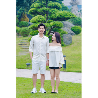 (A - 42)[ GIÁ LẺ] Áo trễ vai tay bồng dáng dấu quần siêu xinh và áo sơmi nam dài tay mặc đôi với người yêu cặp vợ chồng