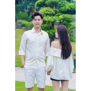 (A - 42)[ GIÁ LẺ] Áo trễ vai tay bồng dáng dấu quần siêu xinh và áo sơmi nam dài tay mặc đôi với người yêu cặp vợ chồng