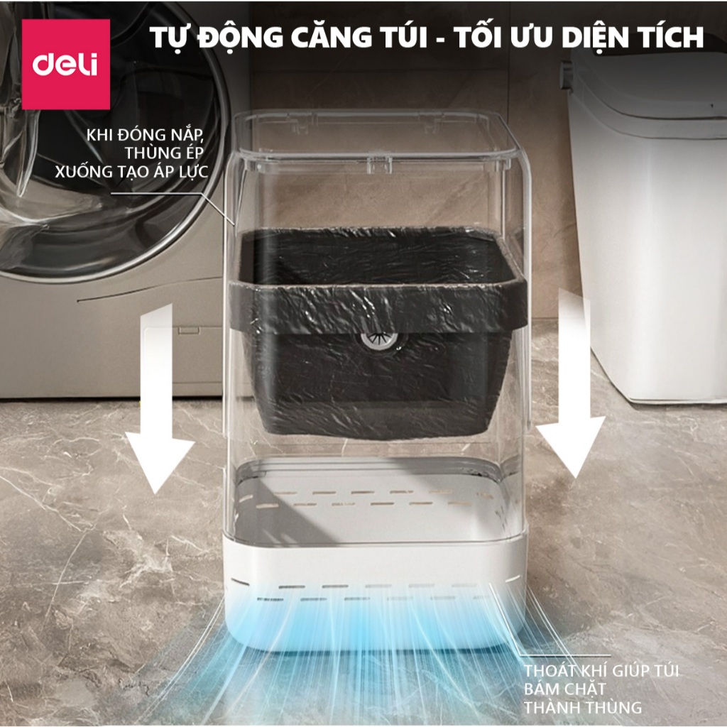 Thùng rác tự động căng túi rác 15L DELIxVUSIGN thiết kế dáng hộp vuông tiết kiệm không gian, tối ưu nhà cửa