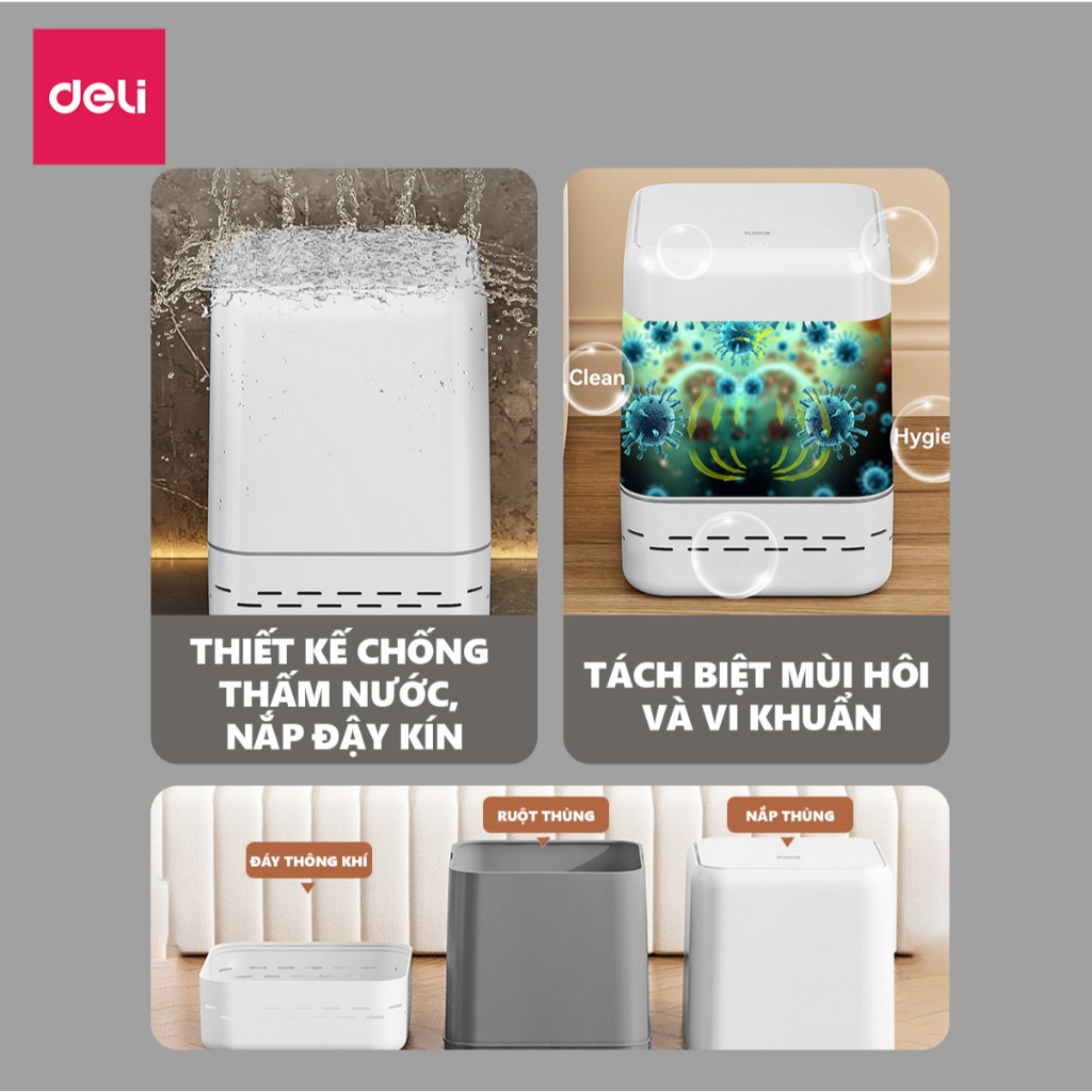 Thùng rác tự động căng túi rác 15L DELIxVUSIGN thiết kế dáng hộp vuông tiết kiệm không gian, tối ưu nhà cửa