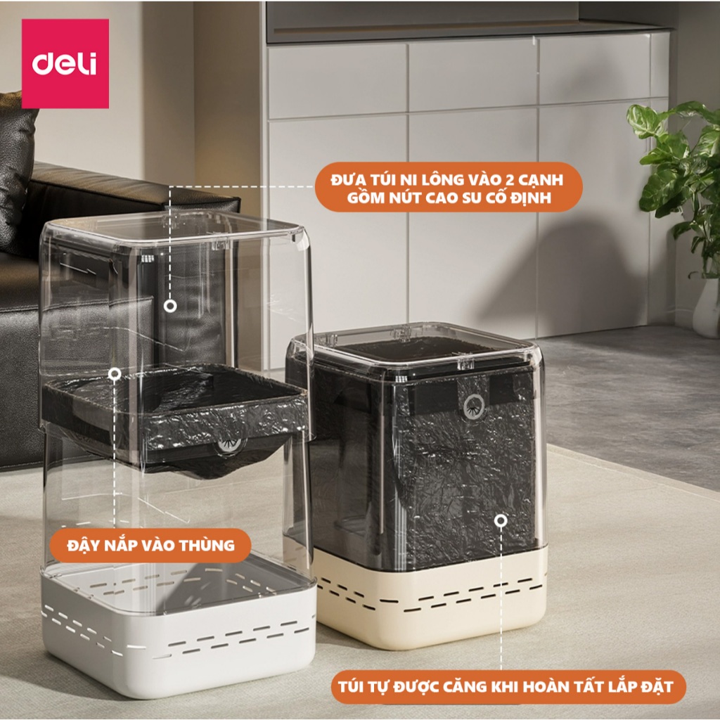 Thùng rác tự động căng túi rác 15L DELIxVUSIGN thiết kế dáng hộp vuông tiết kiệm không gian, tối ưu nhà cửa