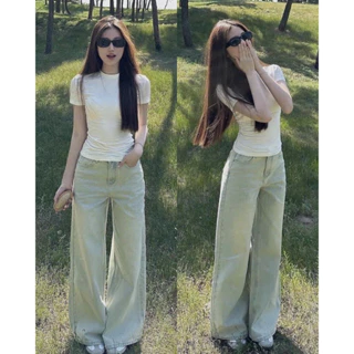 Quần jean bò ống suông rộng nữ xuông jeans cạp cao phong cách style Hàn Quốc
