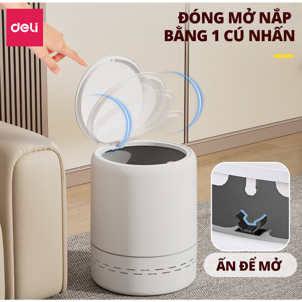 Thùng rác tự động căng túi rác 12L DELIxVUSIGN thiết kế dáng trụ tròn tiết kiệm không gian, tối ưu nhà cửa