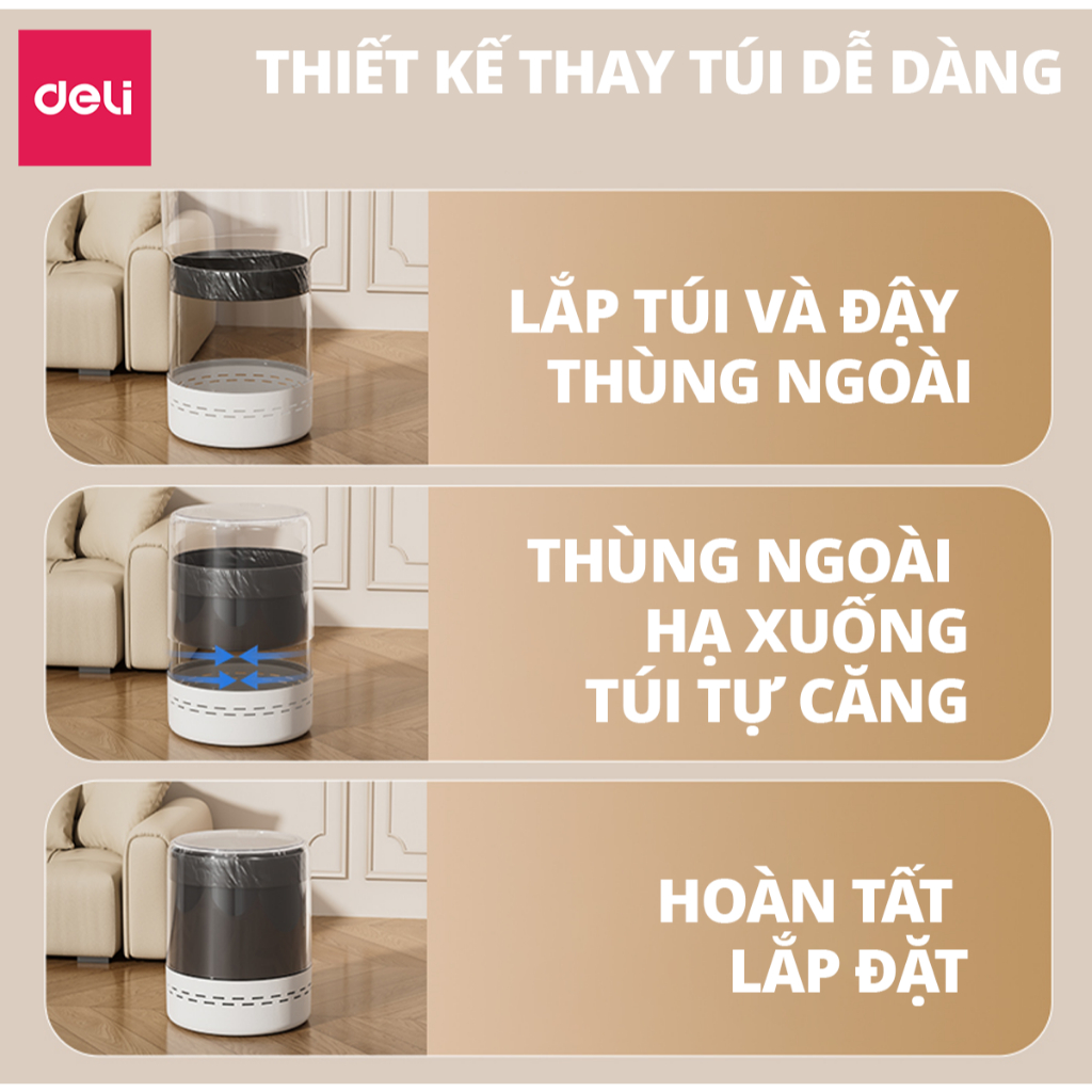 Thùng rác tự động căng túi rác 12L DELIxVUSIGN thiết kế dáng trụ tròn tiết kiệm không gian, tối ưu nhà cửa