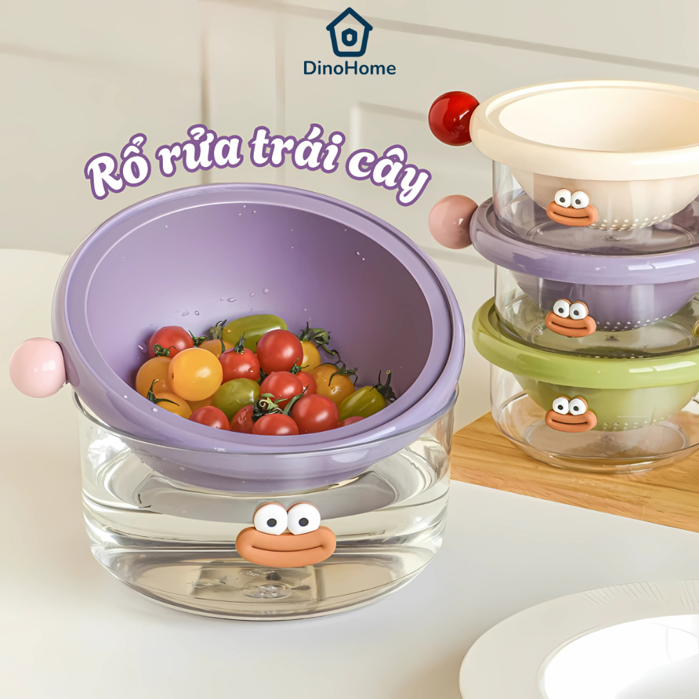 Rổ Rửa Trái Cây 2 Lớp Thoát Nước, Rổ Kèm Chậu Rửa Rau Củ, Rổ Vo Gạo Nhỏ Gọn Màu Sắc Dễ Thương