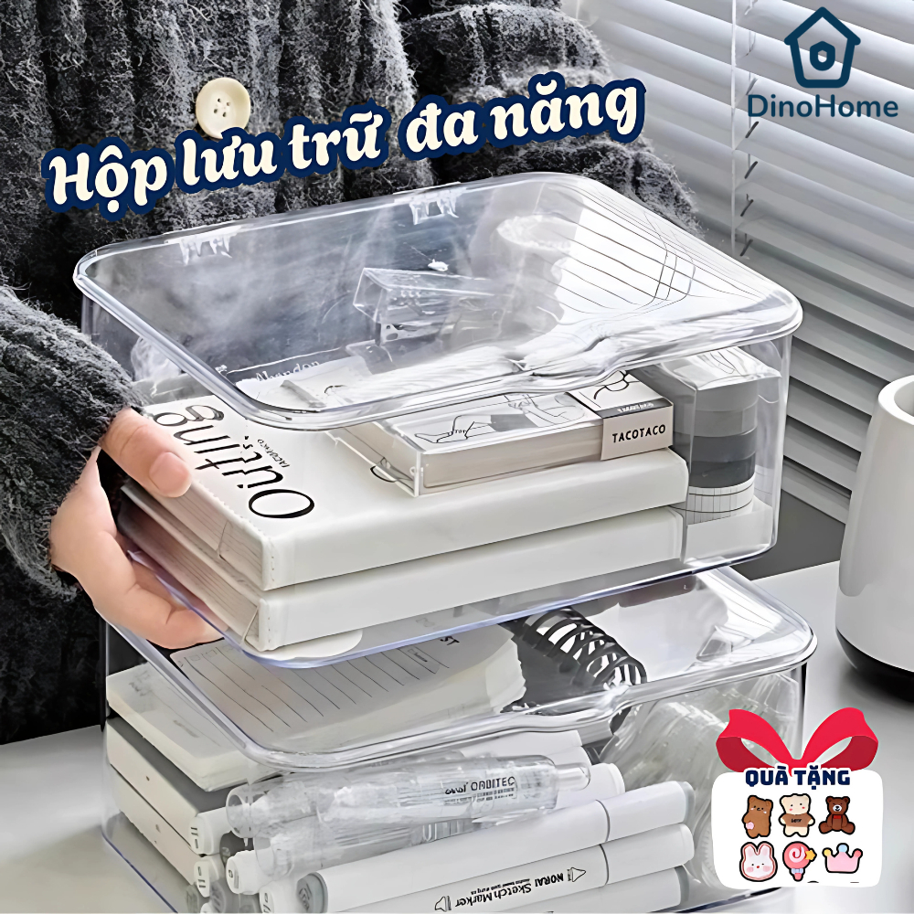 Hộp Lưu Trữ Để bàn Trong Suốt Acrylic Có Nắp Đậy Chống Bụi DINO Cho Phòng Ngủ, Văn Phòng, Giá Đựng Đồ Tiện Lợi