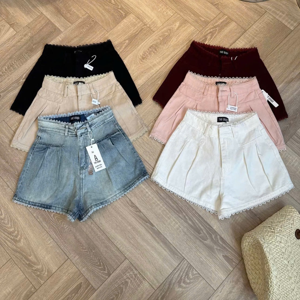 Quần Sooc Jean Mới Về Thiết Kế Phối Ren Ống Xếp Ly Hotrend