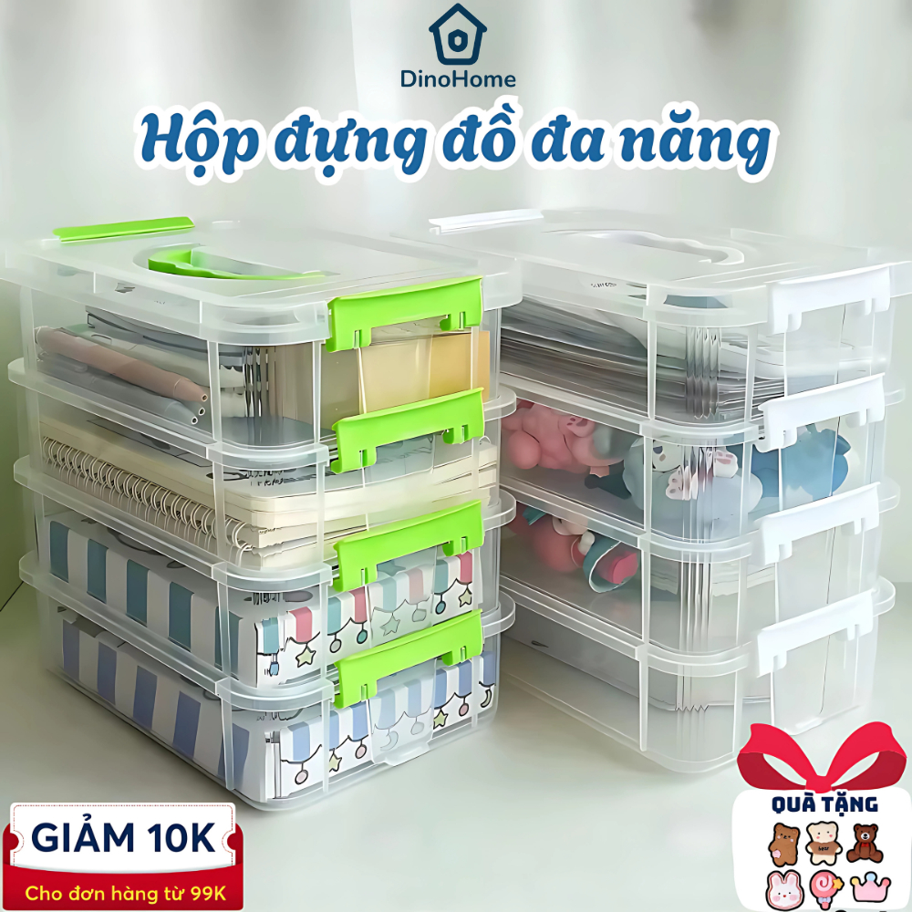 Combo 4 Hộp Nhựa Trong Suốt Có Nắp Đậy HPS Để Đồ Chơi, Đựng Đồ Dùng Cá Nhân Kèm Quai Xách Tiện Lợi