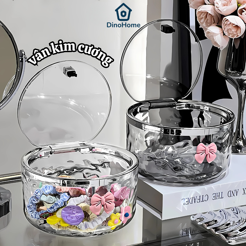 Hộp đựng đồ trong suốt vân kim cương có nắp bấm DINOHOME, Hộp đựng kẹp tóc trang sức đa năng