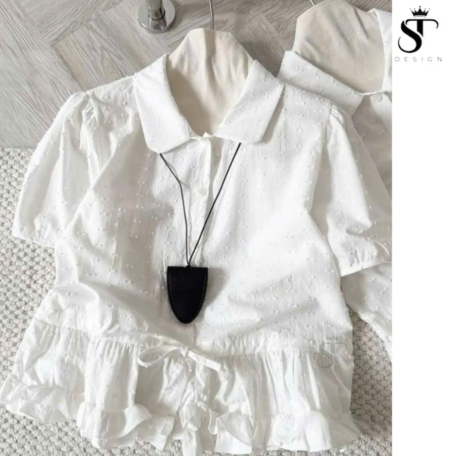 Áo sơ mi babydoll chất thô boi viền bèo ngắn tay mềm nhẹ nhàng tiểu thư- ST Design - S08 - mã bán chạy tại cửa hàng