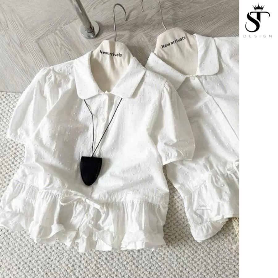 Áo sơ mi babydoll chất thô boi viền bèo ngắn tay mềm nhẹ nhàng tiểu thư- ST Design - S08 - mã bán chạy tại cửa hàng