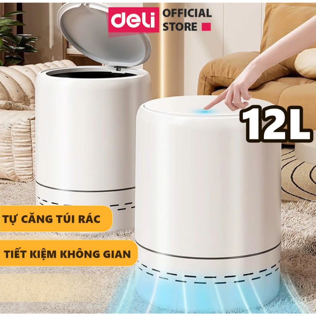 Thùng rác tự động căng túi rác 12L DELIxVUSIGN thiết kế dáng trụ tròn tiết kiệm không gian, tối ưu nhà cửa