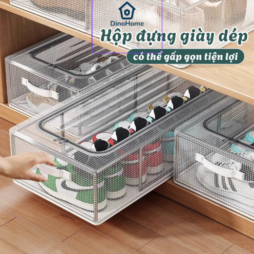 Hộp Đựng Giày Gấp Gọn Vải Lưới PVC Dày Dặn Khung Thép Chịu Lực Có Ngăn Kéo Khóa Kín Chống Bụi Bẩn