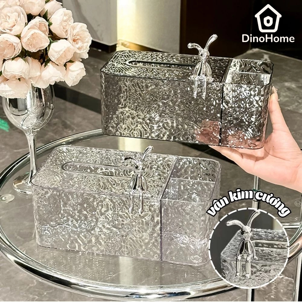 Hộp đựng khăn giấy vân kim cương trong suốt DINOHOME có khay đựng đồ để bàn họa tiết thỏ sang trọng