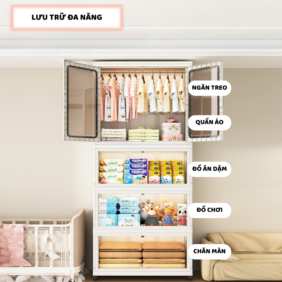 Tủ Treo Quần Áo Cho Bé ENODA HOME Kích Thước Lớn, Tủ Nhựa Gấp Gọn Đựng Quần Áo Gia Đình, Bánh Xe Xoay 360 TUN060