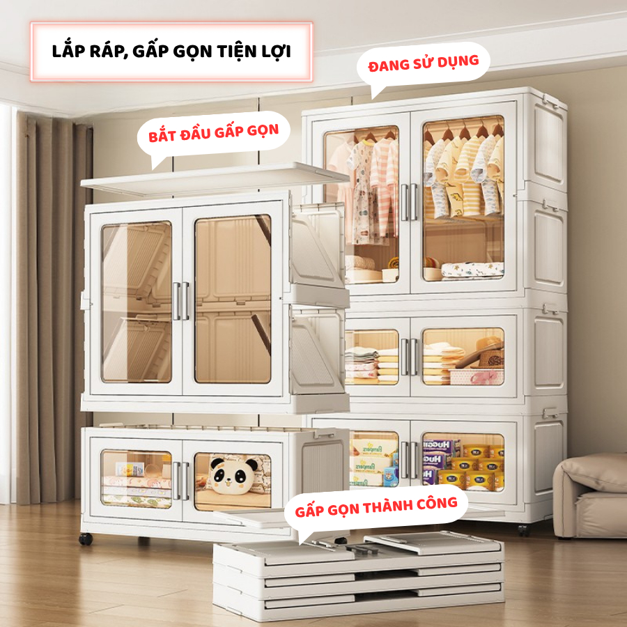 [85CM]Tủ Quần Áo Gấp Gọn Cho Bé ENODA HOME, Tủ Treo Đồ Đa Năng Gấp Gọn Cửa Trong Suốt, Có Bánh Xe Dễ Di Chuyển TUN060