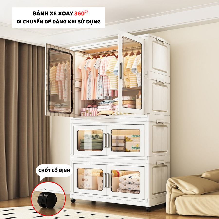 Tủ Treo Quần Áo Cho Bé ENODA HOME Kích Thước Lớn, Tủ Nhựa Gấp Gọn Đựng Quần Áo Gia Đình, Bánh Xe Xoay 360 TUN060