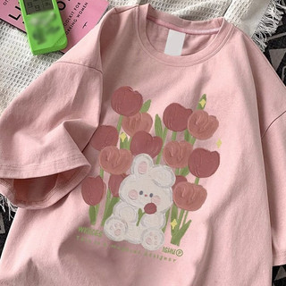 Áo thun ngắn tay màu hồng đậm chất cotton nguyên chất dành cho nữ áo dáng rộng