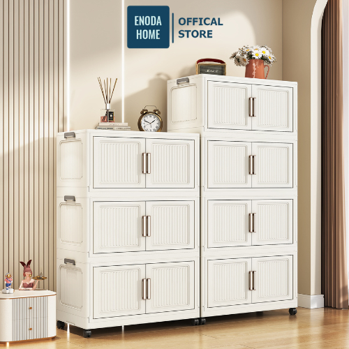 Tủ Nhựa Trắng Đựng Đồ ENODA HOME, Tủ Gấp Gọn Thông Minh, Có Bánh Xe 360° Di Chuyển Linh Hoạt TUN580