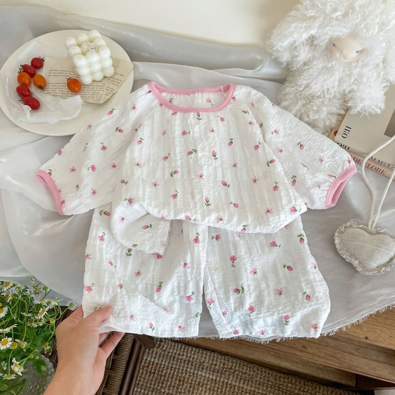 (Order) Bộ quần áo dài tay mùa hè, vải mát hoạ tiết xinh xắn dành cho bé gái