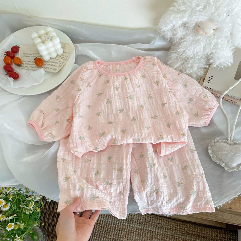 (Order) Bộ quần áo dài tay mùa hè, vải mát hoạ tiết xinh xắn dành cho bé gái