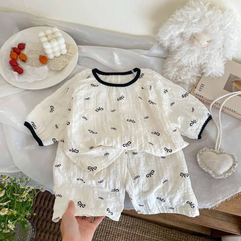 (Order) Bộ quần áo dài tay mùa hè, vải mát hoạ tiết xinh xắn dành cho bé gái