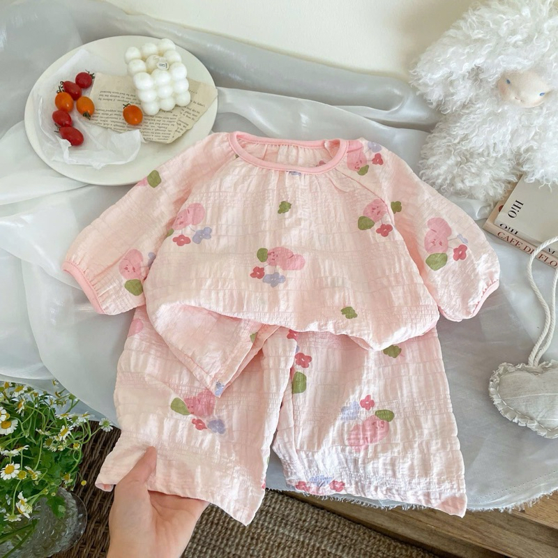 (Order) Bộ quần áo dài tay mùa hè, vải mát hoạ tiết xinh xắn dành cho bé gái