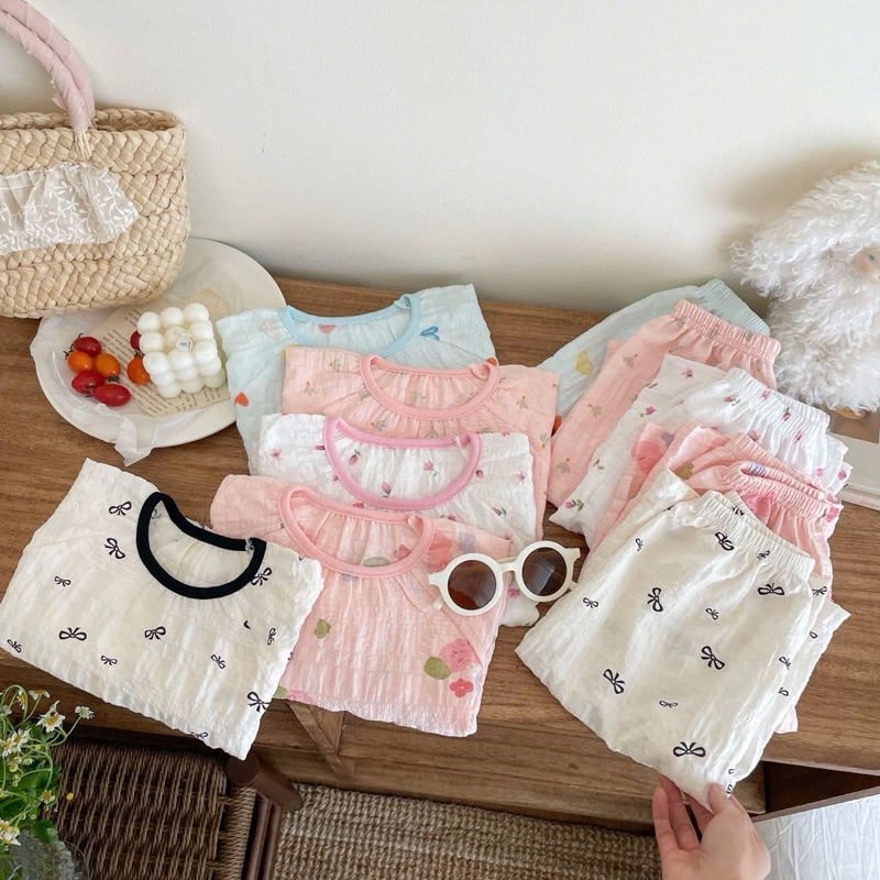 (Order) Bộ quần áo dài tay mùa hè, vải mát hoạ tiết xinh xắn dành cho bé gái