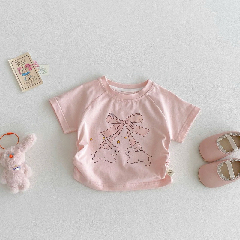 (Order) Yếm quần jean nơ điệu + áo thun hoạ tiết thỏ đính nhũ phong cách Hàn Quốc dành cho bé gái