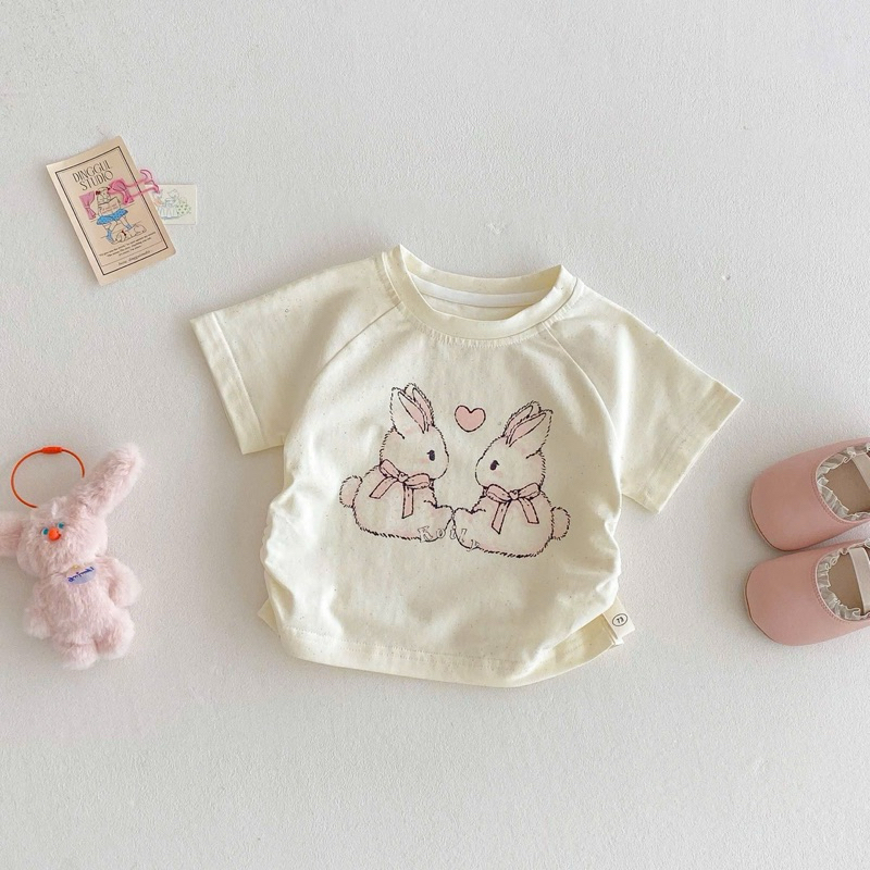 (Order) Yếm quần jean nơ điệu + áo thun hoạ tiết thỏ đính nhũ phong cách Hàn Quốc dành cho bé gái