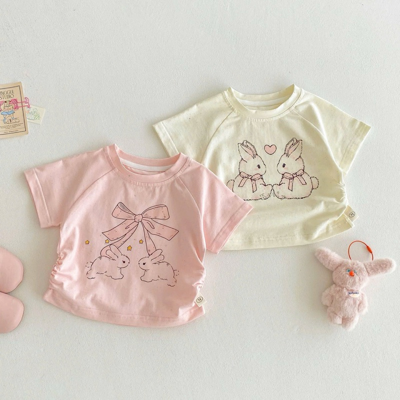 (Order) Yếm quần jean nơ điệu + áo thun hoạ tiết thỏ đính nhũ phong cách Hàn Quốc dành cho bé gái