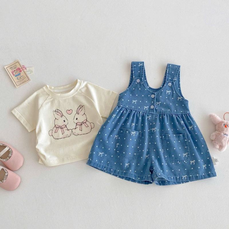 (Order) Yếm quần jean nơ điệu + áo thun hoạ tiết thỏ đính nhũ phong cách Hàn Quốc dành cho bé gái