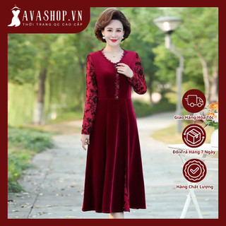 Đầm Nhung Dài Tay Mùa Thu Phối Ren Cho Mẹ VH90