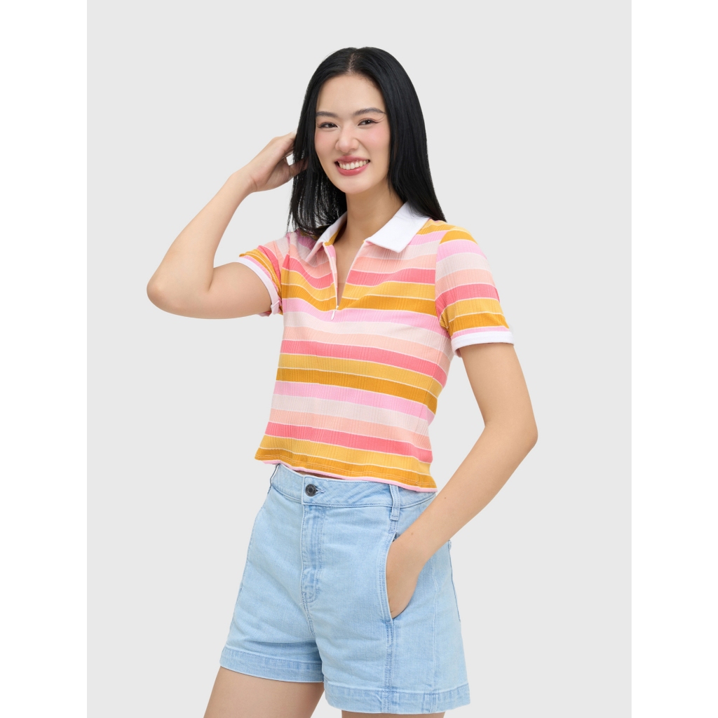 Áo polo nữ hoạ tiết kẻ CANIFA cộc tay cổ bẻ 6TP25S005