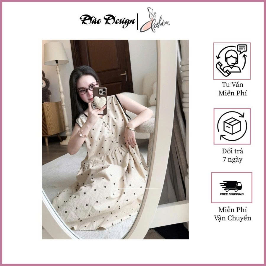 NH CLOTHERS - Đầm chấm bi dáng dài form suông thiết kế sát nách cổ tròn thanh lịch
