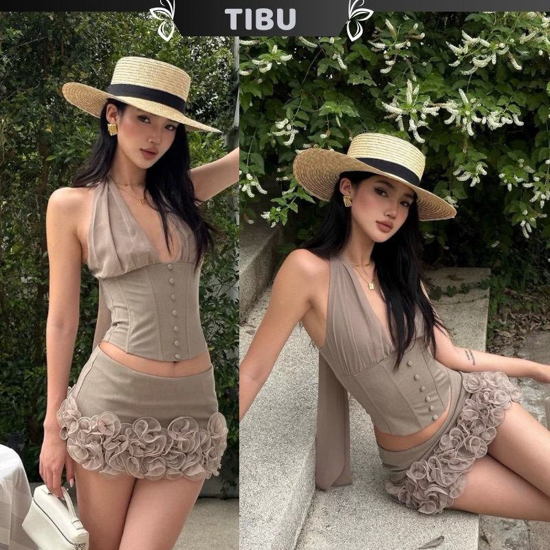 Set Áo Cổ Yếm Phối Chân Váy Viền Bèo TIBU Set Đồ Nữ Sang Chảnh Dự Tiệc Đi Chơi Tôn Dáng B472