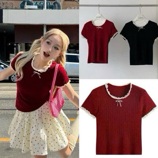 Áo thun baby tee đỏ tết viền ren đỏ đen chất thun gân xinh VANISA CT115
