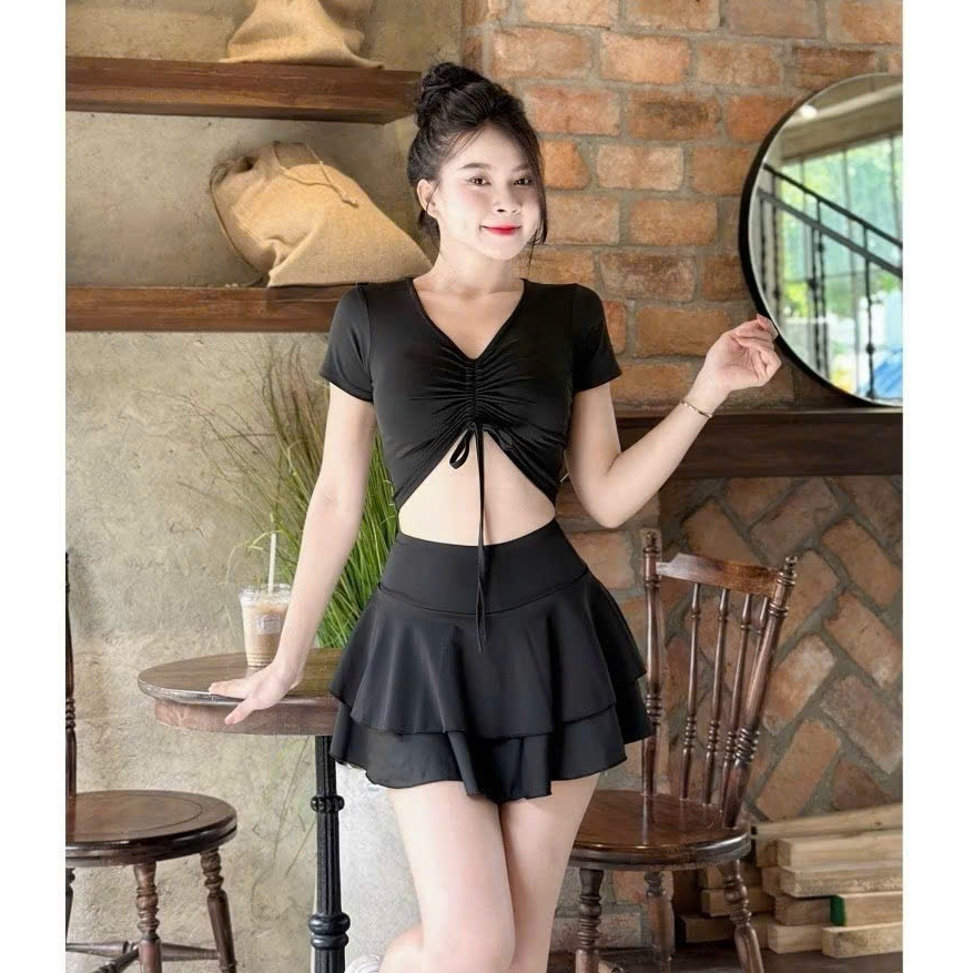 Set váy đi bơi , tập aerobic... váy xòe tầng ,áo rút dây kín đáo trẻ trung năng động che khuyết điểm