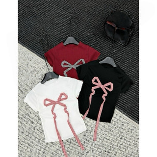 Áo croptop thun tăm kiểu thái đính nơ caro to trắng đen đỏ sang trọng VANISA CT076