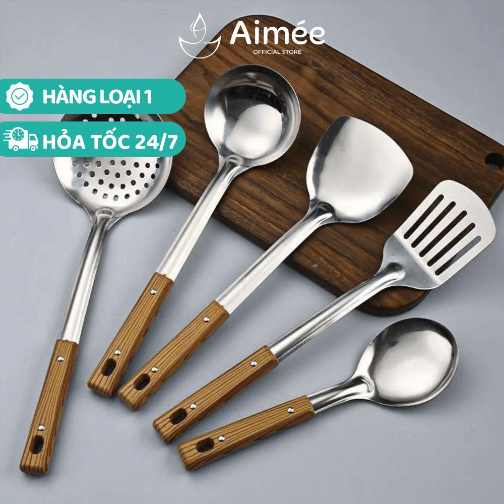 Bộ Muôi, Vá Múc Canh, Xẻng Nấu Ăn Inox 304 Cán Gỗ Tiện Dụng 30 cm ...