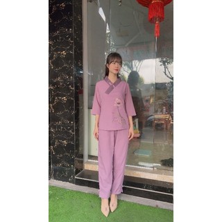set thời trang áo lam đi chùa nữ bigsize, đồ lam phật tử, đi chùa