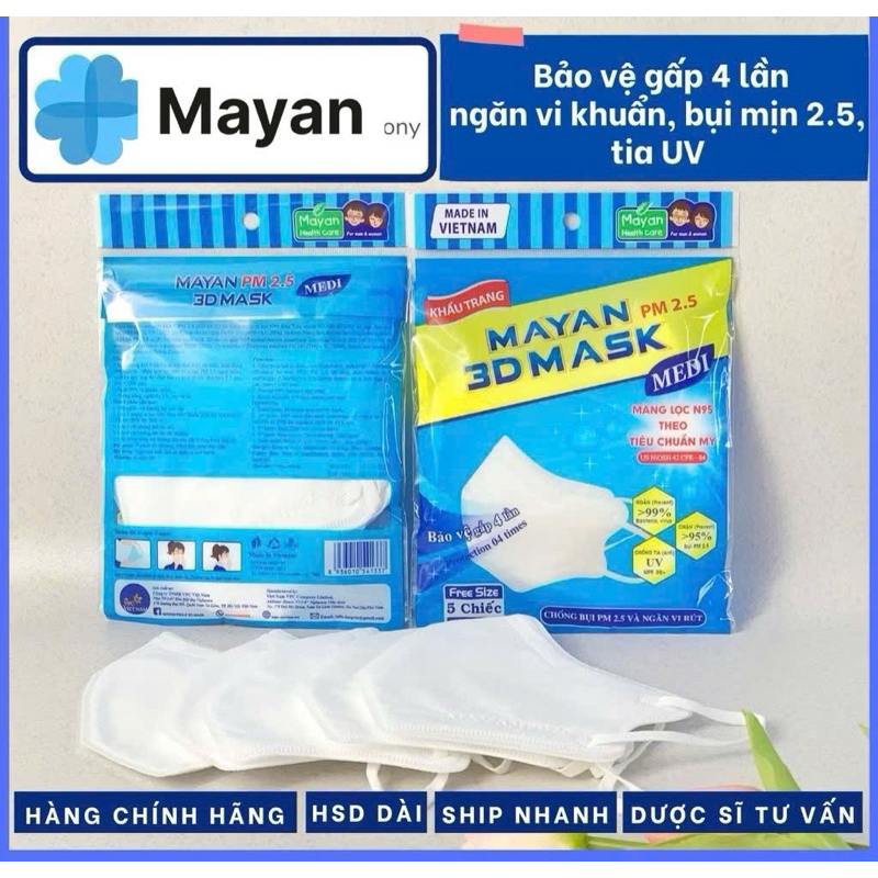 TÚI 5 Cái Khẩu Trang màu trắng MAYAN 3D PM2.5 Kids++ cho trẻ em loại vải kháng khuẩn