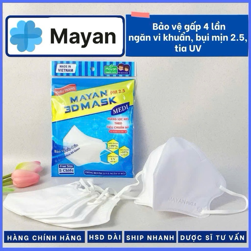 TÚI 5 Cái Khẩu Trang màu trắng MAYAN 3D PM2.5 Kids++ cho trẻ em loại vải kháng khuẩn