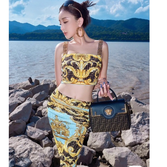 set áo váy hoạ tiết Versace chất thun lạnh co dãn