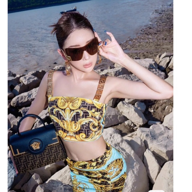 set áo váy hoạ tiết Versace chất thun lạnh co dãn
