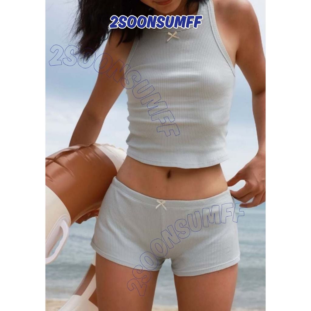 [Sẵn hàng] 2Soonsumff Set 2 món áo ba lỗ cổ tròn không tay mix quần short ngắn thun cotton co giãn ôm body mùa hè cho nữ