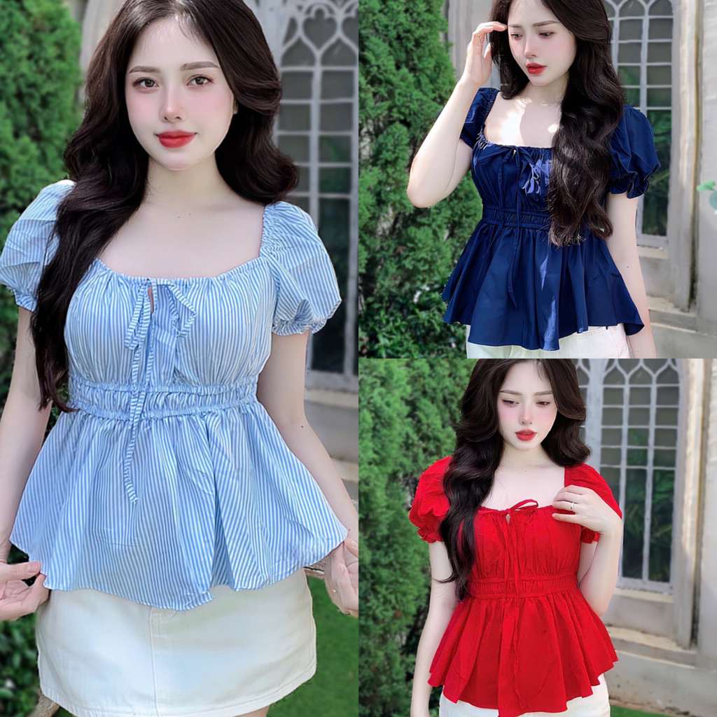 Sherry Top - Áo Tay Phồng Cổ V Thắt Dây Nơ & Quần Ngắn Ống Suông