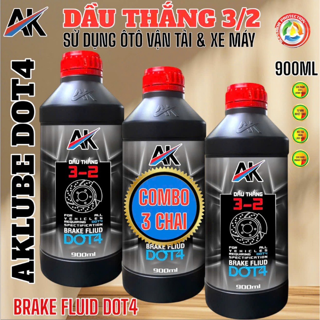 COMBO 3 CHAI AK LUBE  DẦU THẮNG  3-2  DOT 4  -  900ML