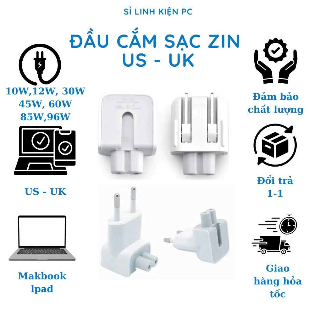Đầu cắm sạc zin phích cắm cho makbook lpad, phích chuyển đổi US - UK chuẩn gập tiện dụng
