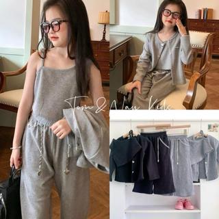 S213-[SALE XẢ KHO] Set 3 chi tiết bé gái áo dây lệch vai phối quần suông ống rộng (Kèm áo khoác Cardigan v